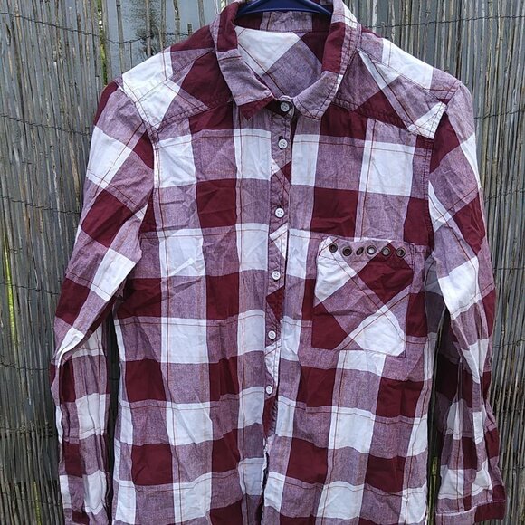 Maroon & White Plaid Button Down Shirt -No Size or Brand Tags - See Measurements - Picture 1 of 11